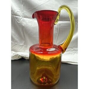 BLENKO HAND BLOWN GLASS LARGE Pitcher  10” Amberina Tangerine MCM